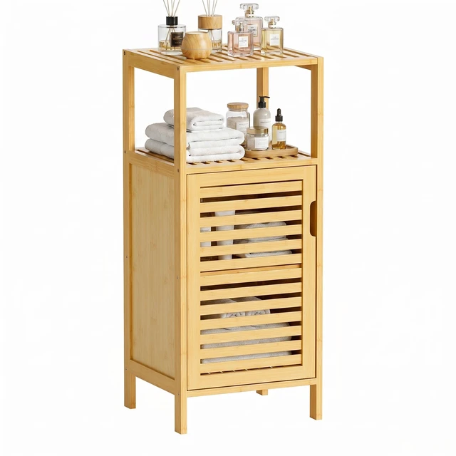 Main image of Bathroom Cabinet Freestanding, Small Bamboo Floor Cabinet, 4 Tier Single Door Sofa Side Table Storage Organizer, Space Saving Kitchen Cupboard, Natural