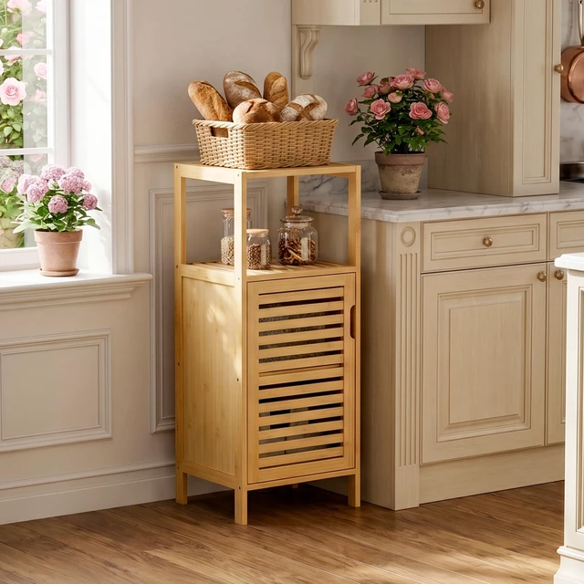 Alt view image 2 of 7 - Bathroom Cabinet Freestanding, Small Bamboo Floor Cabinet, 4 Tier Single Door Sofa Side Table Storage Organizer, Space Saving Kitchen Cupboard, Natural