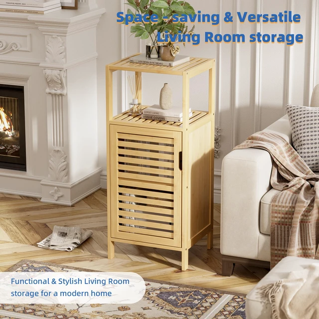 Alt view image 4 of 7 - Bathroom Cabinet Freestanding, Small Bamboo Floor Cabinet, 4 Tier Single Door Sofa Side Table Storage Organizer, Space Saving Kitchen Cupboard, Natural