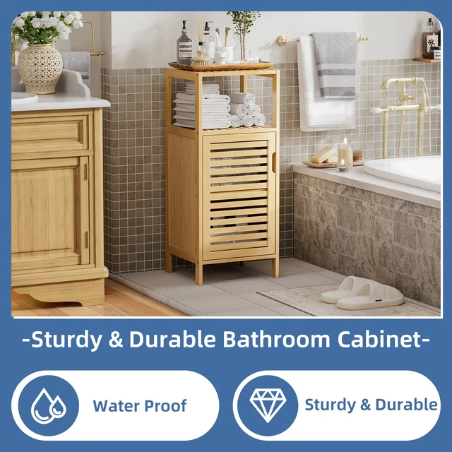 Alt view image 5 of 7 - Bathroom Cabinet Freestanding, Small Bamboo Floor Cabinet, 4 Tier Single Door Sofa Side Table Storage Organizer, Space Saving Kitchen Cupboard, Natural