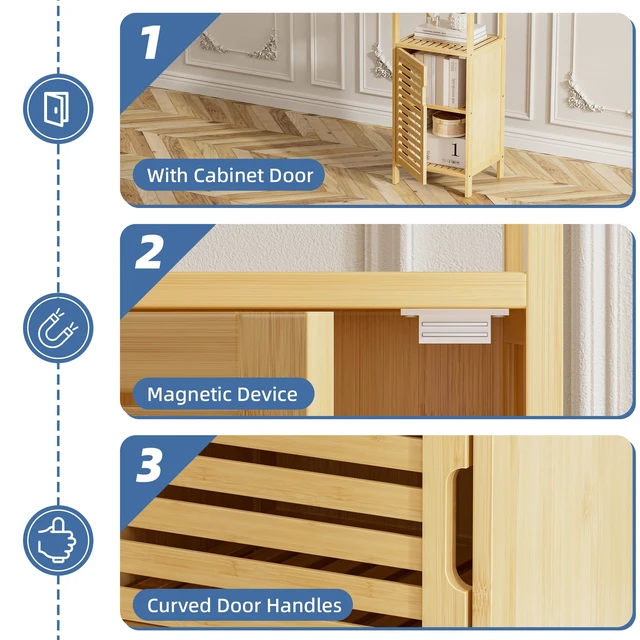 Alt view image 6 of 7 - Bathroom Cabinet Freestanding, Small Bamboo Floor Cabinet, 4 Tier Single Door Sofa Side Table Storage Organizer, Space Saving Kitchen Cupboard, Natural