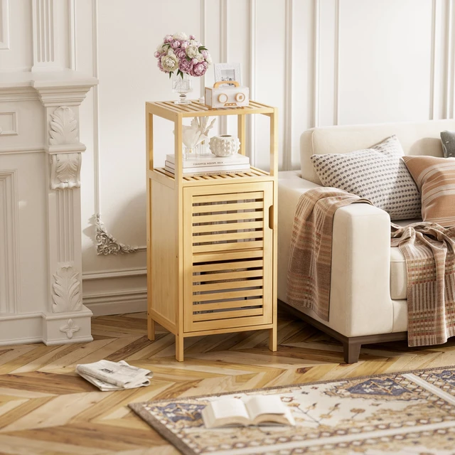 Alt view image 7 of 7 - Bathroom Cabinet Freestanding, Small Bamboo Floor Cabinet, 4 Tier Single Door Sofa Side Table Storage Organizer, Space Saving Kitchen Cupboard, Natural