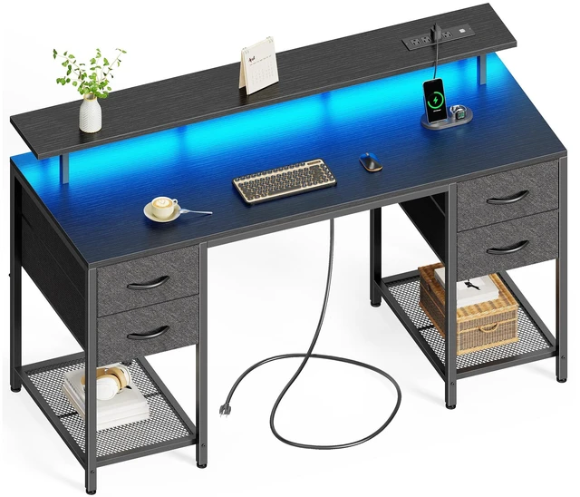 Main image of 55 inch Computer Desk with Power Outlets & 4 Drawers | Gaming Desk with LED Lights, Home Office Desk with Large Storage Space for Bedroom, Work from Home, Black