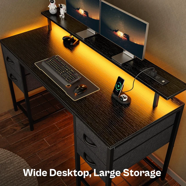 Alt view image 2 of 7 - 55 inch Computer Desk with Power Outlets & 4 Drawers | Gaming Desk with LED Lights, Home Office Desk with Large Storage Space for Bedroom, Work from Home, Black
