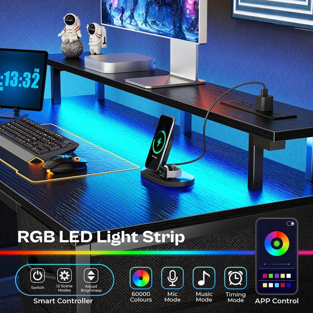 Alt view image 3 of 7 - 55 inch Computer Desk with Power Outlets & 4 Drawers | Gaming Desk with LED Lights, Home Office Desk with Large Storage Space for Bedroom, Work from Home, Black