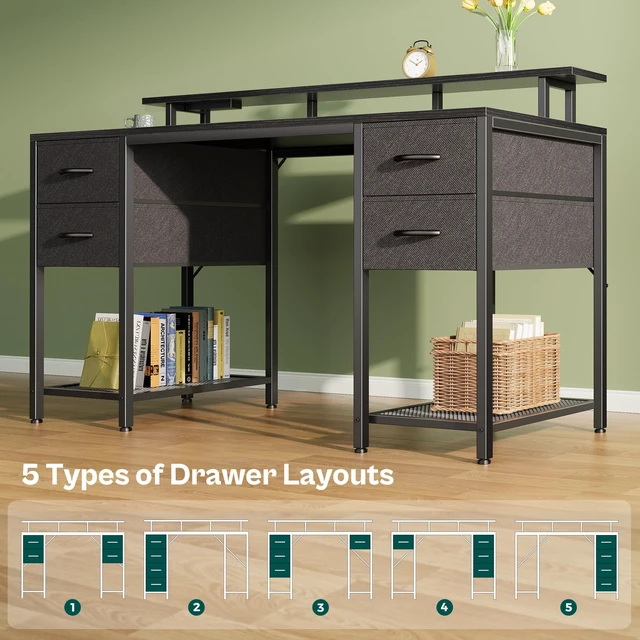 Alt view image 6 of 7 - 55 inch Computer Desk with Power Outlets & 4 Drawers | Gaming Desk with LED Lights, Home Office Desk with Large Storage Space for Bedroom, Work from Home, Black