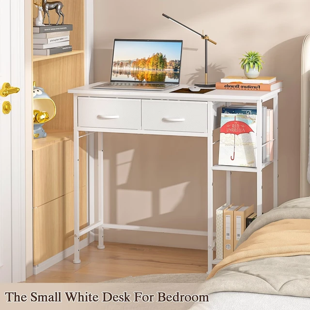 Alt view image 3 of 7 - White Computer Desk, 36 Inch Small Desk with Drawers, Home Office Desk with Storage Shelves for Bedroom, Living Room, Dorm, Vanity Desk for Small Spaces, White
