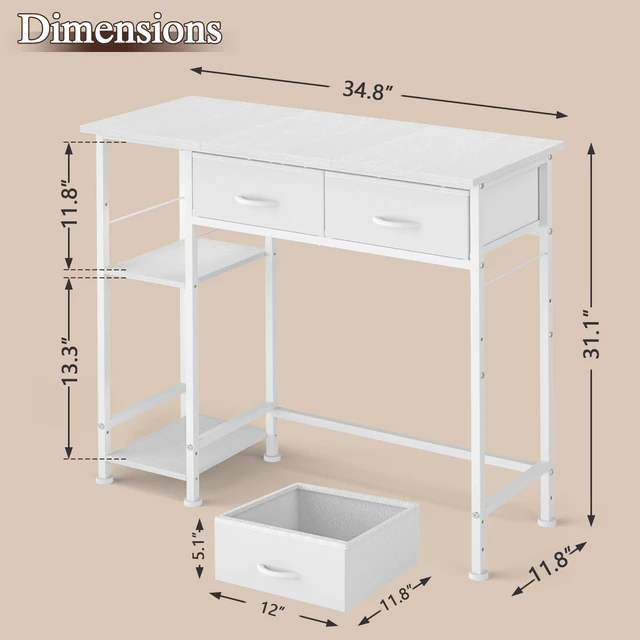 Alt view image 2 of 7 - White Computer Desk, 36 Inch Small Desk with Drawers, Home Office Desk with Storage Shelves for Bedroom, Living Room, Dorm, Vanity Desk for Small Spaces, White