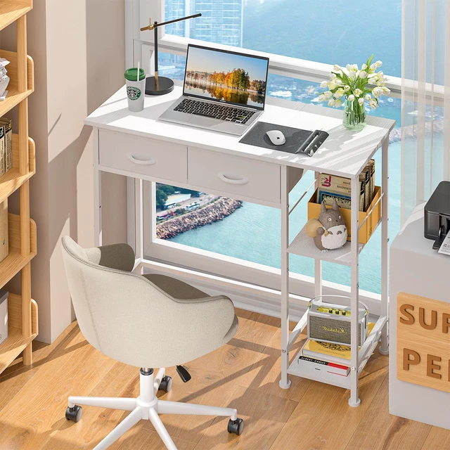 Alt view image 5 of 7 - White Computer Desk, 36 Inch Small Desk with Drawers, Home Office Desk with Storage Shelves for Bedroom, Living Room, Dorm, Vanity Desk for Small Spaces, White