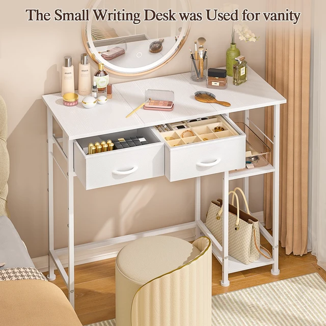 Alt view image 6 of 7 - White Computer Desk, 36 Inch Small Desk with Drawers, Home Office Desk with Storage Shelves for Bedroom, Living Room, Dorm, Vanity Desk for Small Spaces, White
