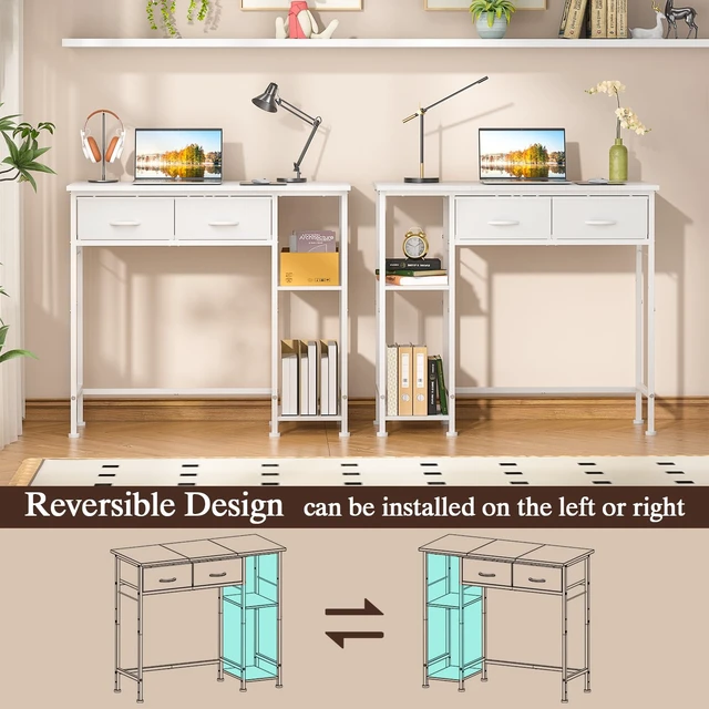 Alt view image 4 of 7 - White Computer Desk, 36 Inch Small Desk with Drawers, Home Office Desk with Storage Shelves for Bedroom, Living Room, Dorm, Vanity Desk for Small Spaces, White