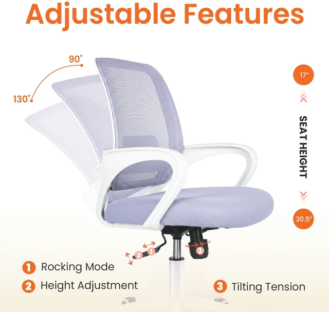 Alt view image 4 of 7 - Home Office Desk Chair Ergonomic Mesh with Lumbar Support, Purple | Comfortable Mesh Support, Adjustable Height, 360° Swivel and Smooth Casters Designed for Long Hours of Work or Study