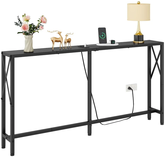 Main image of Narrow Console Table with Socket, Sofa Table Behind Couch, Black | 55.1" Couch Table, Industrial Style, Long Skinny Design,for Hallway,Living Room,Bedroom, Built-In Outlets & USB,140cm Length