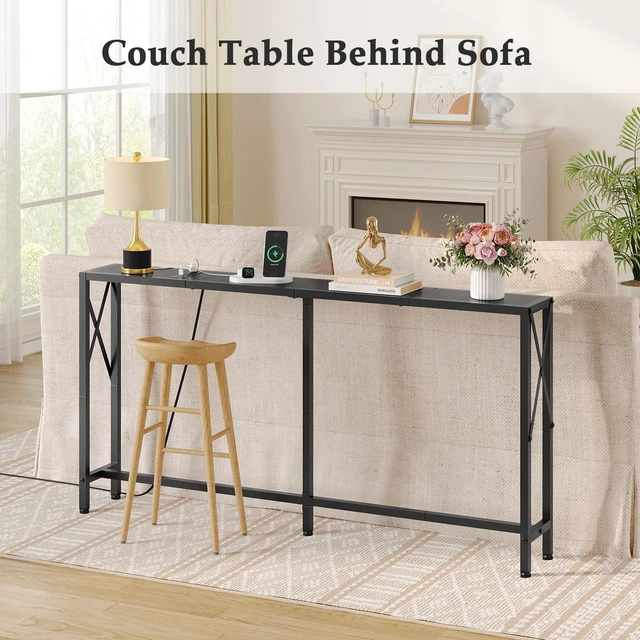 Alt view image 5 of 7 - Narrow Console Table with Socket, Sofa Table Behind Couch, Black | 55.1" Couch Table, Industrial Style, Long Skinny Design,for Hallway,Living Room,Bedroom, Built-In Outlets & USB,140cm Length