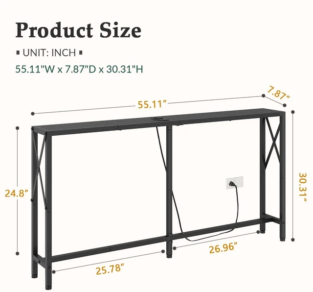 Alt view image 2 of 7 - Narrow Console Table with Socket, Sofa Table Behind Couch, Black | 55.1" Couch Table, Industrial Style, Long Skinny Design,for Hallway,Living Room,Bedroom, Built-In Outlets & USB,140cm Length