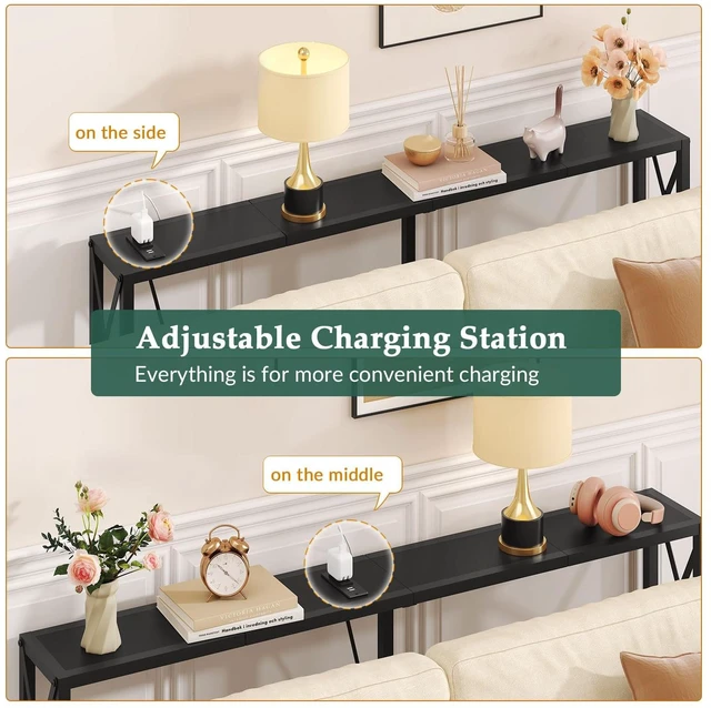 Alt view image 6 of 7 - Narrow Console Table with Socket, Sofa Table Behind Couch, Black | 55.1" Couch Table, Industrial Style, Long Skinny Design,for Hallway,Living Room,Bedroom, Built-In Outlets & USB,140cm Length