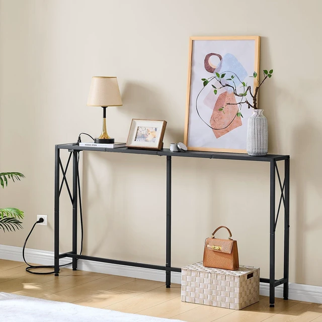 Alt view image 3 of 7 - Narrow Console Table with Socket, Sofa Table Behind Couch, Black | 55.1" Couch Table, Industrial Style, Long Skinny Design,for Hallway,Living Room,Bedroom, Built-In Outlets & USB,140cm Length