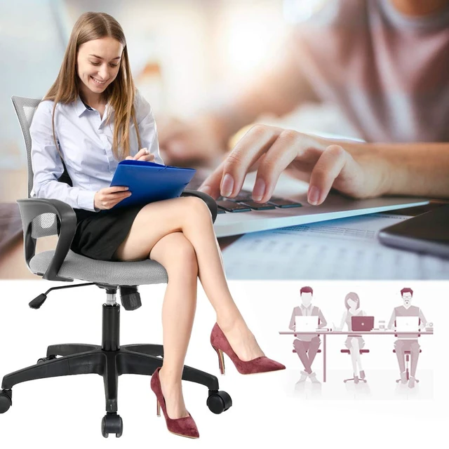 Alt view image 3 of 7 - Ergonomic Office Chair | Mid-Back Swivel Desk Chair | Breathable Backrest & Lumbar Support | Adjustable Height | Sponge Seat | Rolling Wheels | Grey | for Adults & Women | Pack of 2