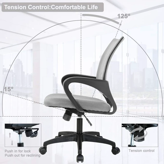 Alt view image 6 of 7 - Ergonomic Office Chair | Mid-Back Swivel Desk Chair | Breathable Backrest & Lumbar Support | Adjustable Height | Sponge Seat | Rolling Wheels | Grey | for Adults & Women | Pack of 2