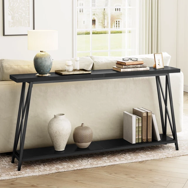 Main image of Console Table for Entryway, 63" Industrial Sofa Table, 2-Tier | Sofa Table with Metal Legs, Narrow Console Table, X-Shaped Support, Behind Couch Table, Accent Tables for Hallway, Black