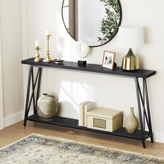 Alt view image 2 of 7 - Console Table for Entryway, 63" Industrial Sofa Table, 2-Tier | Sofa Table with Metal Legs, Narrow Console Table, X-Shaped Support, Behind Couch Table, Accent Tables for Hallway, Black