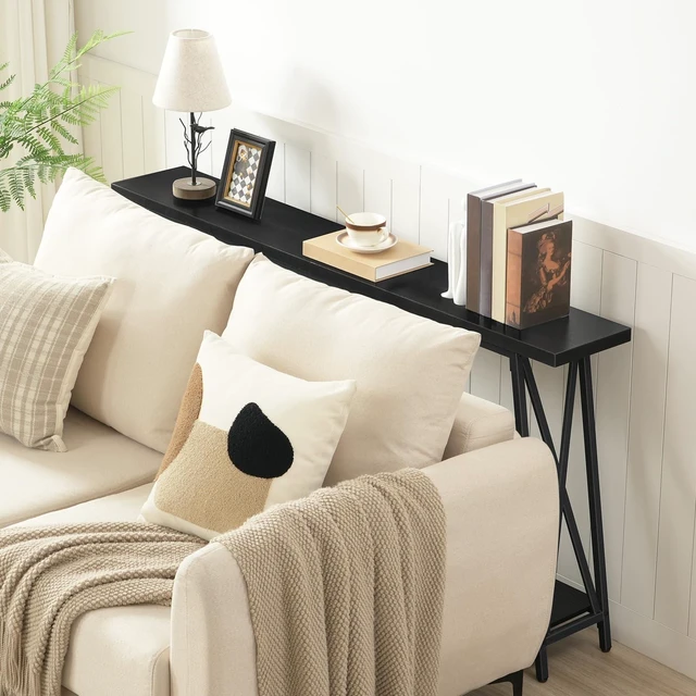 Alt view image 3 of 7 - Console Table for Entryway, 63" Industrial Sofa Table, 2-Tier | Sofa Table with Metal Legs, Narrow Console Table, X-Shaped Support, Behind Couch Table, Accent Tables for Hallway, Black