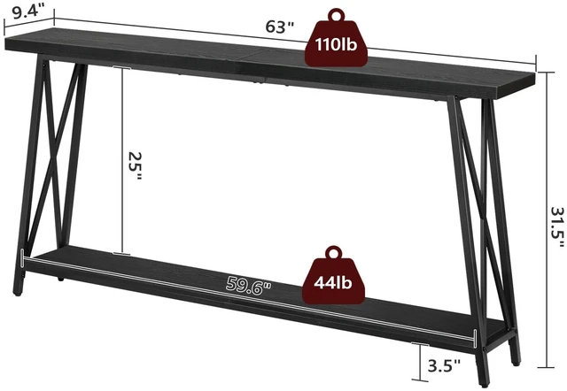 Alt view image 4 of 7 - Console Table for Entryway, 63" Industrial Sofa Table, 2-Tier | Sofa Table with Metal Legs, Narrow Console Table, X-Shaped Support, Behind Couch Table, Accent Tables for Hallway, Black