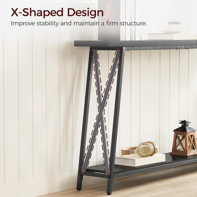 Alt view image 6 of 7 - Console Table for Entryway, 63" Industrial Sofa Table, 2-Tier | Sofa Table with Metal Legs, Narrow Console Table, X-Shaped Support, Behind Couch Table, Accent Tables for Hallway, Black