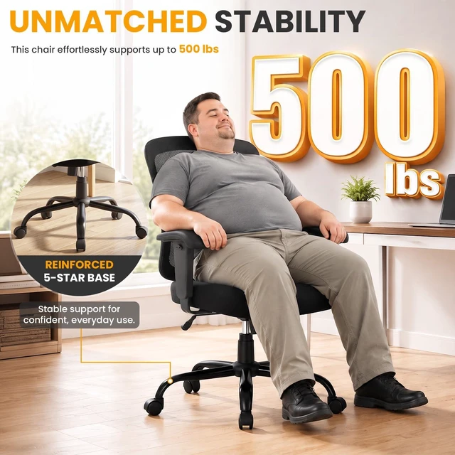 Alt view image 2 of 7 - Big and Tall 500 lb Mesh Office Chair Ergonomic High Back Desk Chair with Lumbar Support and Extra-Wide Seat for Home Office, Black
