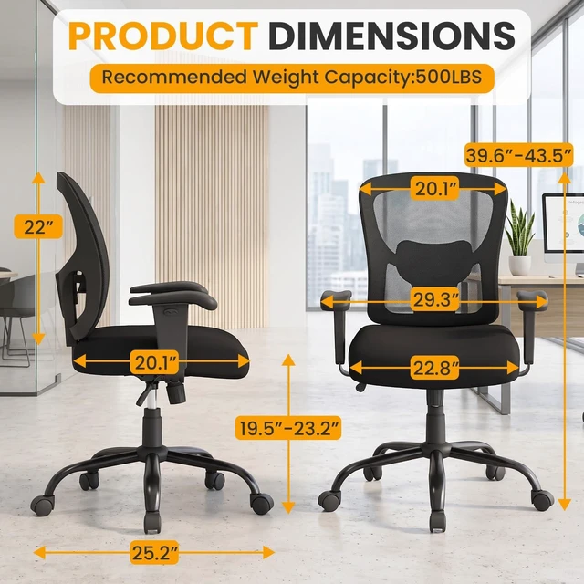 Alt view image 6 of 7 - Big and Tall 500 lb Mesh Office Chair Ergonomic High Back Desk Chair with Lumbar Support and Extra-Wide Seat for Home Office, Black