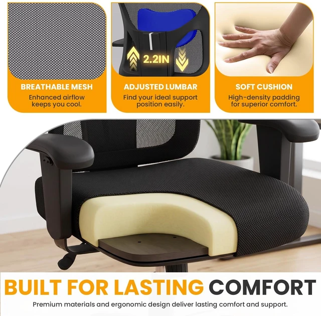 Alt view image 5 of 7 - Big and Tall 500 lb Mesh Office Chair Ergonomic High Back Desk Chair with Lumbar Support and Extra-Wide Seat for Home Office, Black