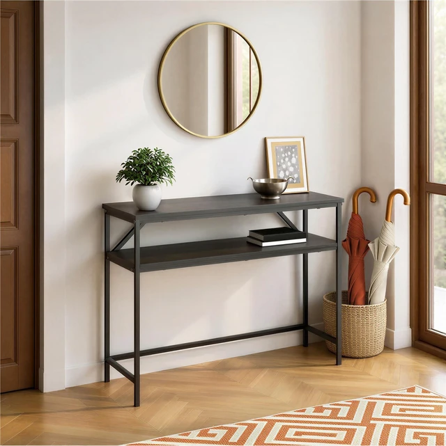 Alt view image 4 of 6 - Rectangular Console Table with Storage Shelf, Steel Frame, 39x31x11.8 in, Black