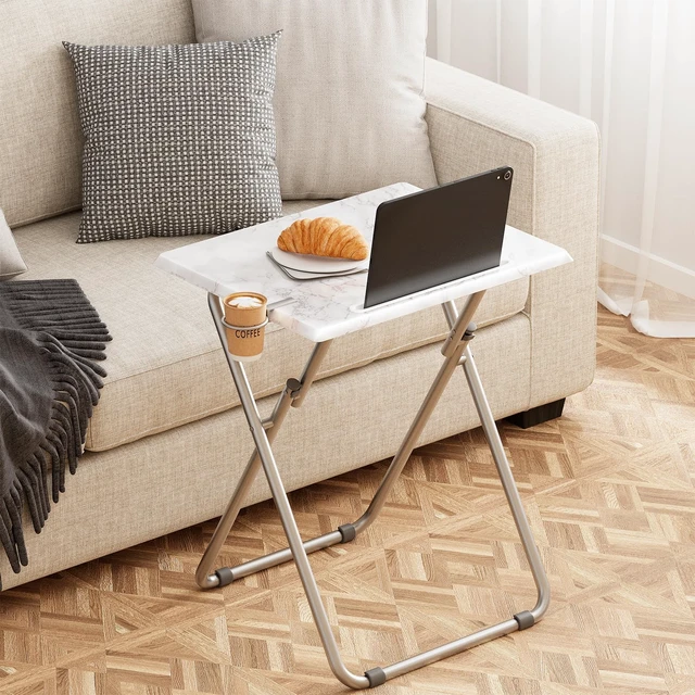 Alt view image 2 of 7 - TV Tray Table,Folding Table with Cup Holder Portable,Foldable Snack Tray for Eating,Small Folding Tables Set of 4,Dinner Tables for Couch, Living Room,Small Space (White Marble,4Pcs)