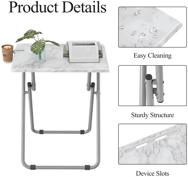 Alt view image 4 of 7 - TV Tray Table,Folding Table with Cup Holder Portable,Foldable Snack Tray for Eating,Small Folding Tables Set of 4,Dinner Tables for Couch, Living Room,Small Space (White Marble,4Pcs)