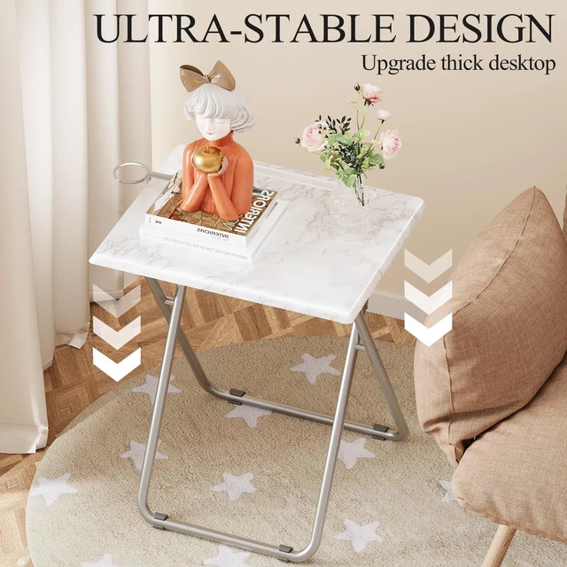 Alt view image 5 of 7 - TV Tray Table,Folding Table with Cup Holder Portable,Foldable Snack Tray for Eating,Small Folding Tables Set of 4,Dinner Tables for Couch, Living Room,Small Space (White Marble,4Pcs)