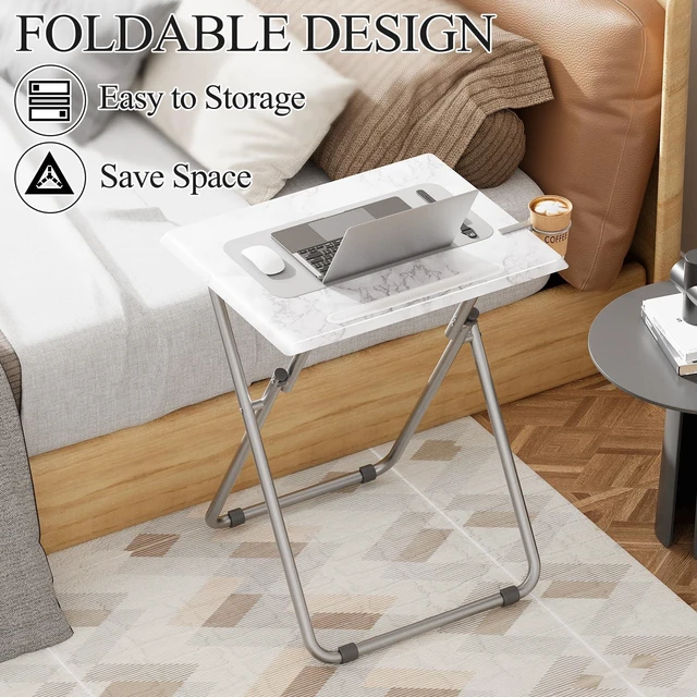 Alt view image 6 of 7 - TV Tray Table,Folding Table with Cup Holder Portable,Foldable Snack Tray for Eating,Small Folding Tables Set of 4,Dinner Tables for Couch, Living Room,Small Space (White Marble,4Pcs)