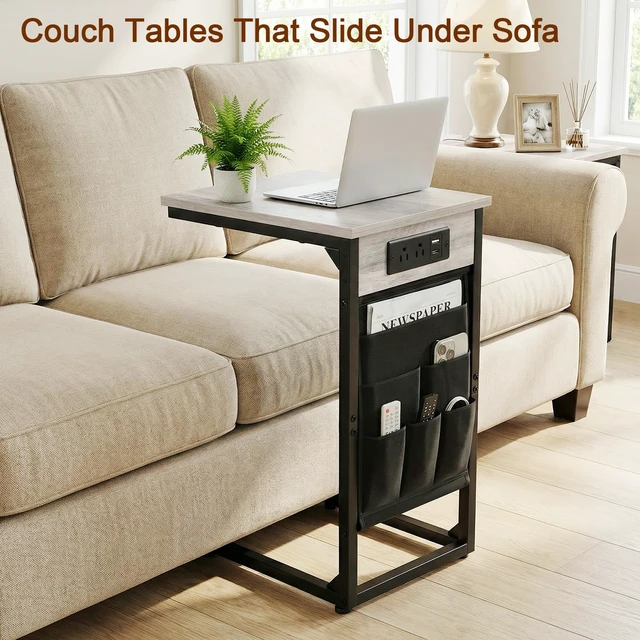 Alt view image 2 of 7 - C Shaped End Table with Charging Station, TV Trays, Set of 2 | Couch Side Tables That Slide Under Sofa for Eating, with Storage Bag, USB Ports, for Living Room, Bedroom, Grey