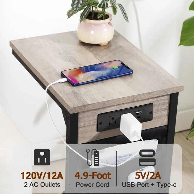 Alt view image 3 of 7 - C Shaped End Table with Charging Station, TV Trays, Set of 2 | Couch Side Tables That Slide Under Sofa for Eating, with Storage Bag, USB Ports, for Living Room, Bedroom, Grey