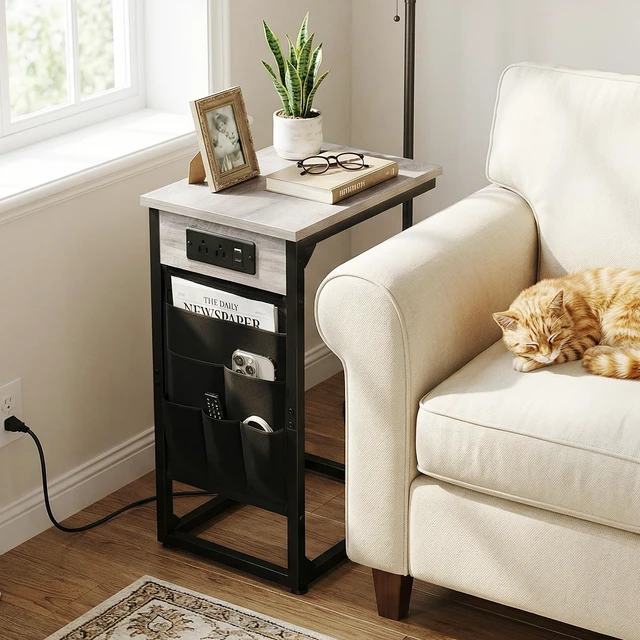 Alt view image 4 of 7 - C Shaped End Table with Charging Station, TV Trays, Set of 2 | Couch Side Tables That Slide Under Sofa for Eating, with Storage Bag, USB Ports, for Living Room, Bedroom, Grey