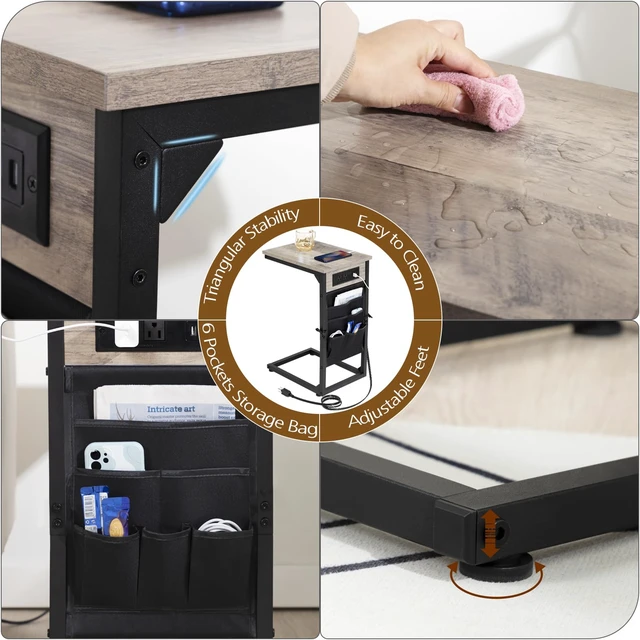 Alt view image 6 of 7 - C Shaped End Table with Charging Station, TV Trays, Set of 2 | Couch Side Tables That Slide Under Sofa for Eating, with Storage Bag, USB Ports, for Living Room, Bedroom, Grey