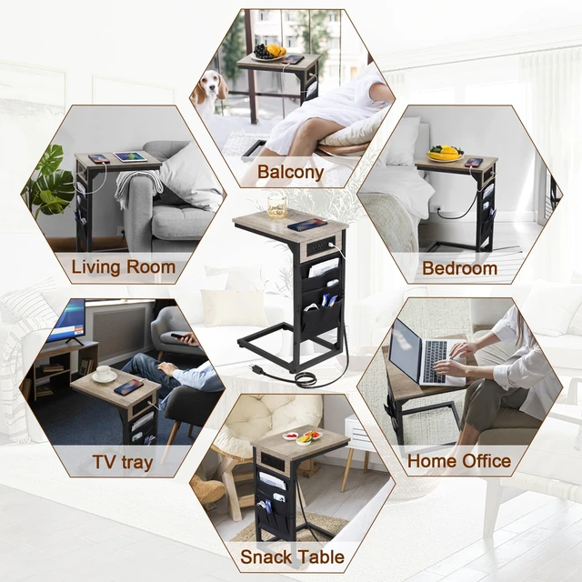 Alt view image 7 of 7 - C Shaped End Table with Charging Station, TV Trays, Set of 2 | Couch Side Tables That Slide Under Sofa for Eating, with Storage Bag, USB Ports, for Living Room, Bedroom, Grey