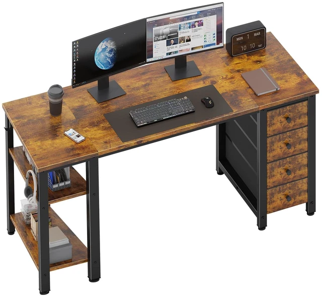 Main image of 55 inch Computer Desk with Storage Shelves, Writing Work Study Desk for Home Office Bedroom, Modern Simple Student PC Desks Table with 4 Fabric Drawers, Rustic Brown