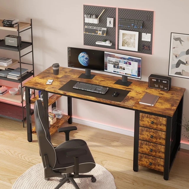 Alt view image 2 of 7 - 55 inch Computer Desk with Storage Shelves, Writing Work Study Desk for Home Office Bedroom, Modern Simple Student PC Desks Table with 4 Fabric Drawers, Rustic Brown