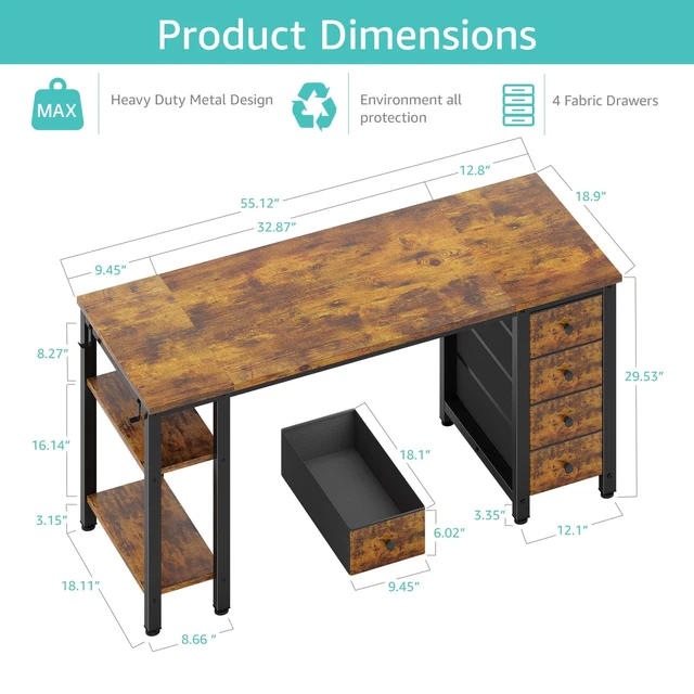 Alt view image 3 of 7 - 55 inch Computer Desk with Storage Shelves, Writing Work Study Desk for Home Office Bedroom, Modern Simple Student PC Desks Table with 4 Fabric Drawers, Rustic Brown