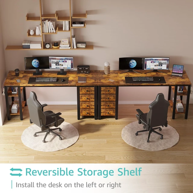 Alt view image 4 of 7 - 55 inch Computer Desk with Storage Shelves, Writing Work Study Desk for Home Office Bedroom, Modern Simple Student PC Desks Table with 4 Fabric Drawers, Rustic Brown