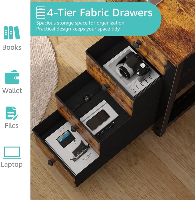 Alt view image 5 of 7 - 55 inch Computer Desk with Storage Shelves, Writing Work Study Desk for Home Office Bedroom, Modern Simple Student PC Desks Table with 4 Fabric Drawers, Rustic Brown