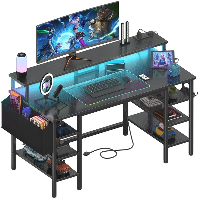 Main image of Gaming Desk with LED Lights and Storage Shelves, 47 inch Computer Desk with Power Outlets, Home Office Desk with Monitor Stand, Writing Table PC Desks, Black