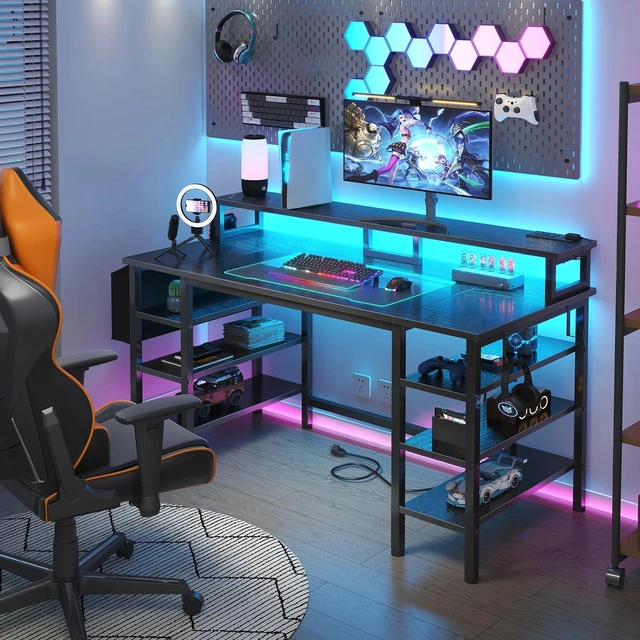 Alt view image 2 of 7 - Gaming Desk with LED Lights and Storage Shelves, 47 inch Computer Desk with Power Outlets, Home Office Desk with Monitor Stand, Writing Table PC Desks, Black