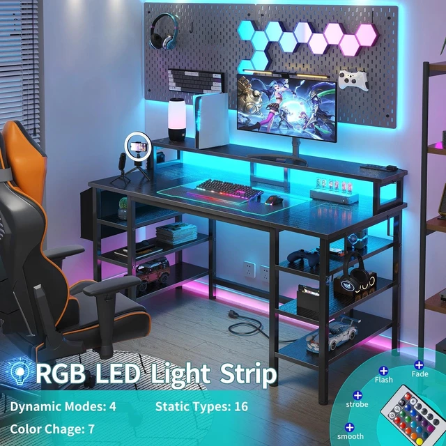 Alt view image 4 of 7 - Gaming Desk with LED Lights and Storage Shelves, 47 inch Computer Desk with Power Outlets, Home Office Desk with Monitor Stand, Writing Table PC Desks, Black