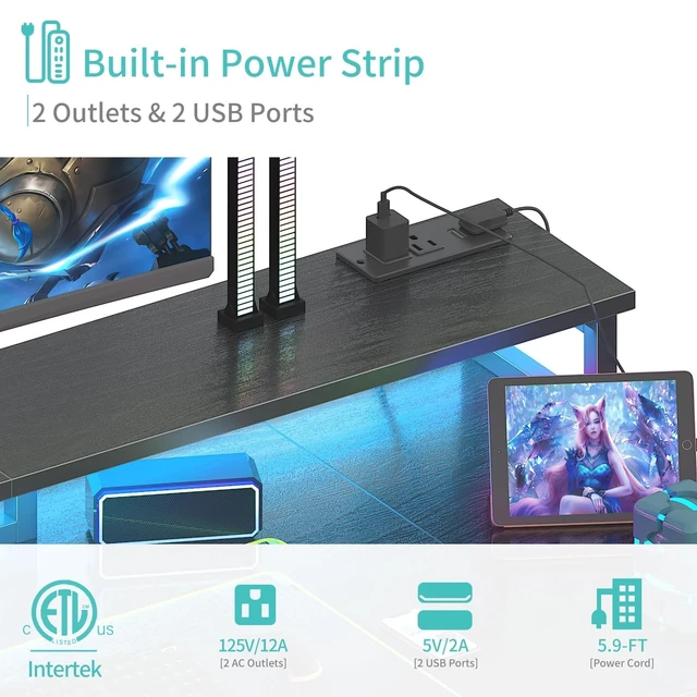 Alt view image 7 of 7 - Gaming Desk with LED Lights and Storage Shelves, 47 inch Computer Desk with Power Outlets, Home Office Desk with Monitor Stand, Writing Table PC Desks, Black